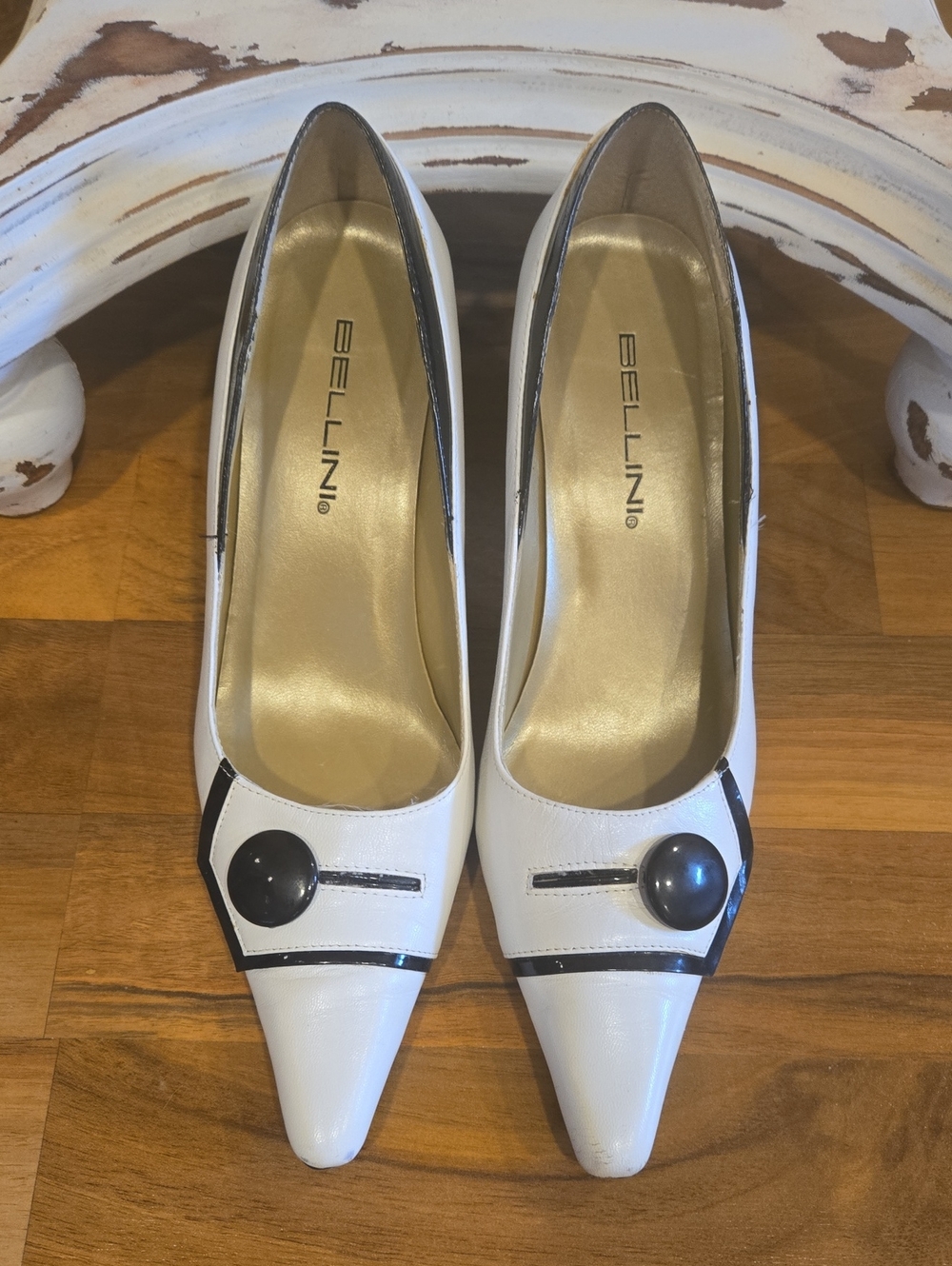 Bellini White Leather Pointed Pumps with Black Trim and Button